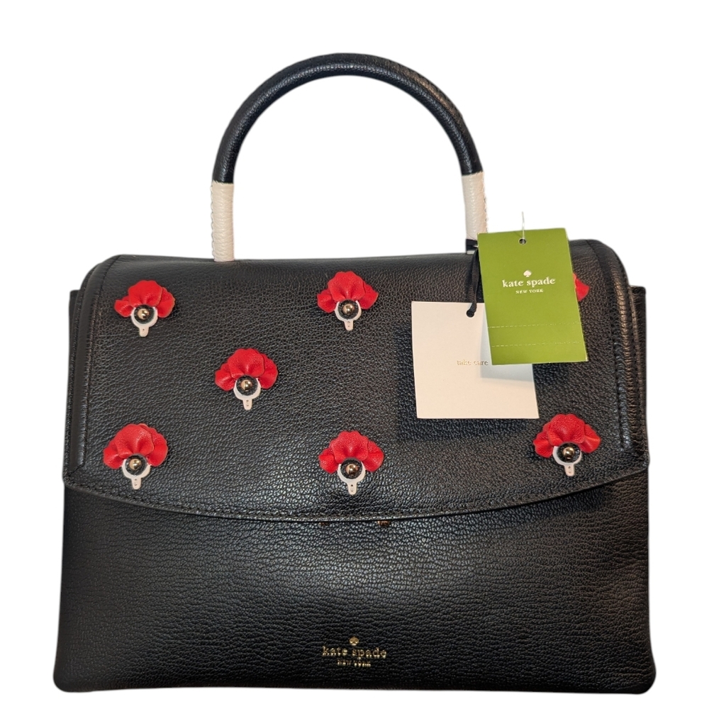 Kate Spade Dorina Carley Street Bag Black Leather W/Red Poppy Flowers NWT